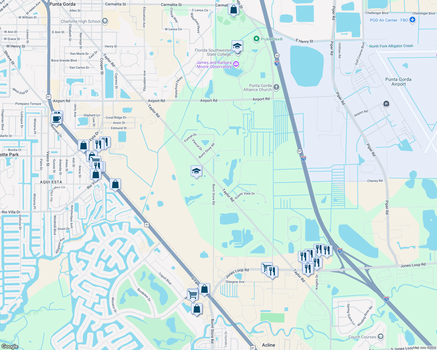 map of restaurants, bars, coffee shops, grocery stores, and more near 3436 Taylor Road in Punta Gorda