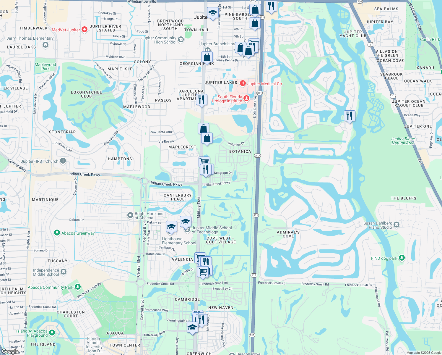map of restaurants, bars, coffee shops, grocery stores, and more near West Royal Palm Circle in Jupiter