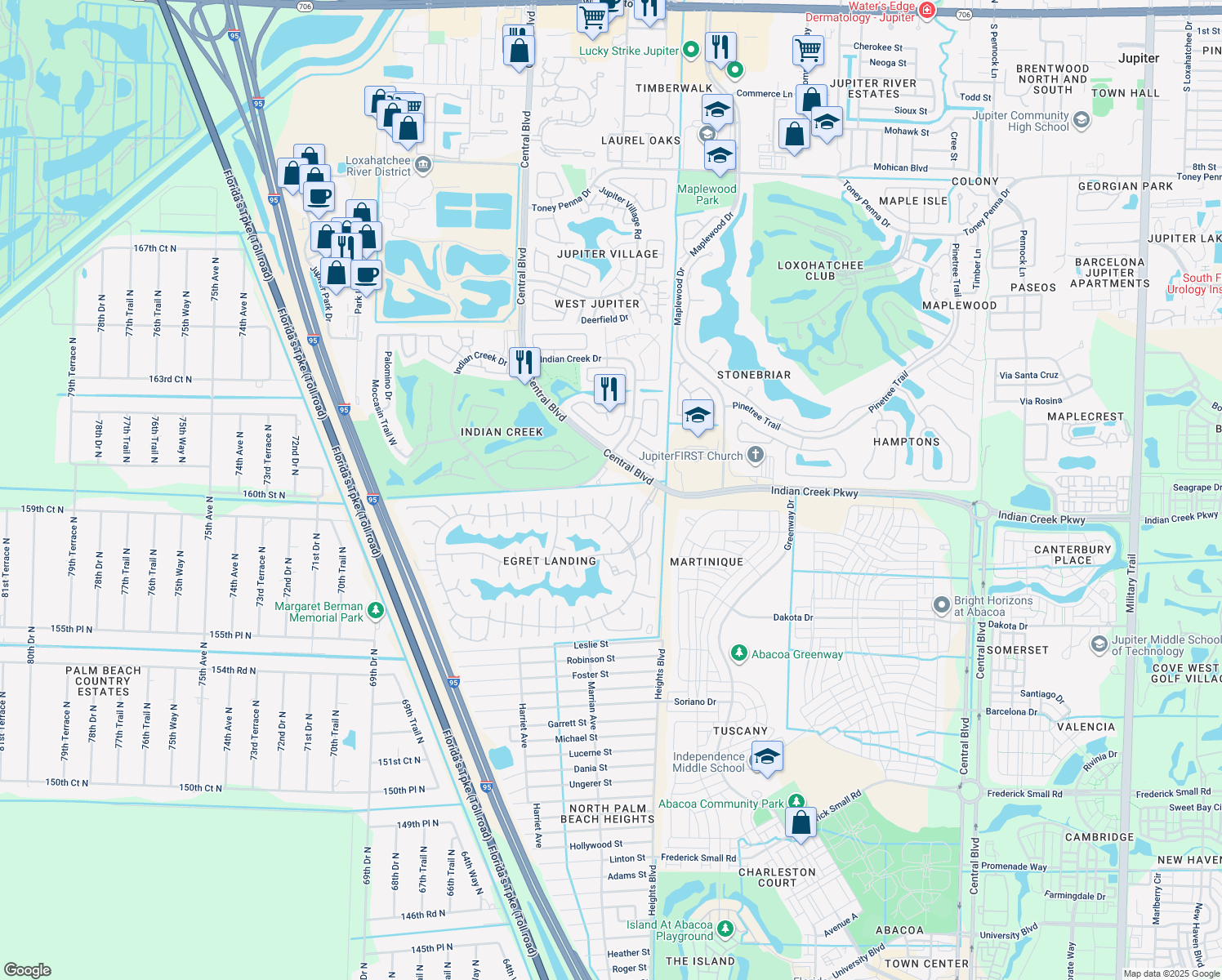 map of restaurants, bars, coffee shops, grocery stores, and more near 231 Blackbird Lane in Jupiter