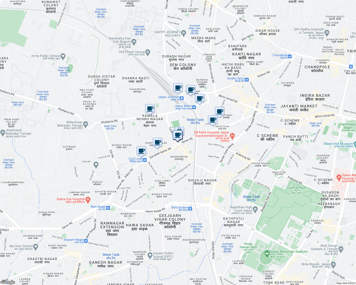 map of restaurants, bars, coffee shops, grocery stores, and more near 117 Ajmer Road in Jaipur