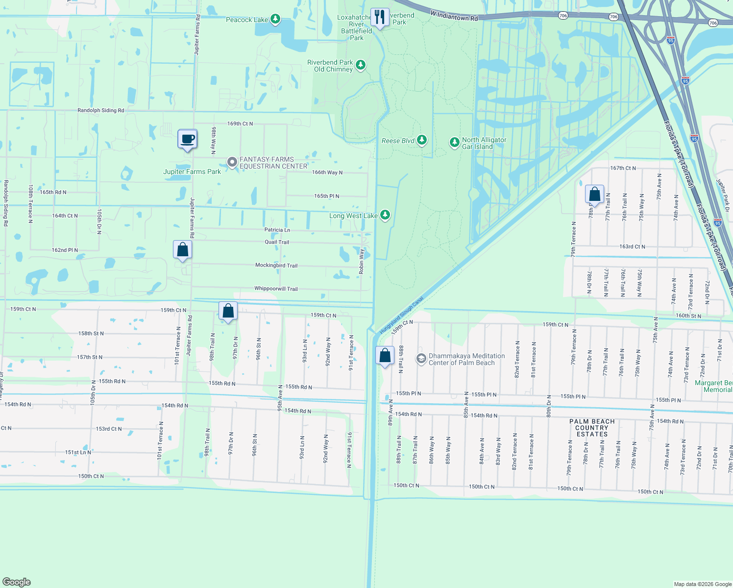 map of restaurants, bars, coffee shops, grocery stores, and more near 16038 Robin Way in Jupiter