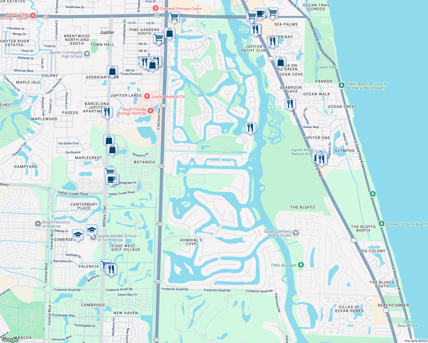 map of restaurants, bars, coffee shops, grocery stores, and more near 144 Spyglass Lane in Jupiter