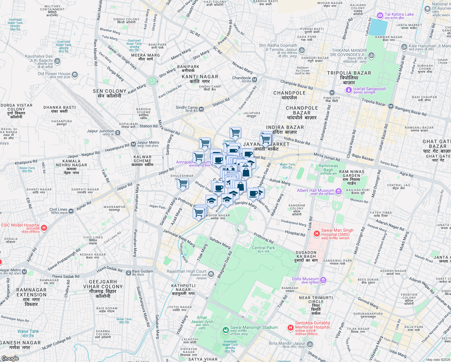 map of restaurants, bars, coffee shops, grocery stores, and more near Malviya Marg in Jaipur