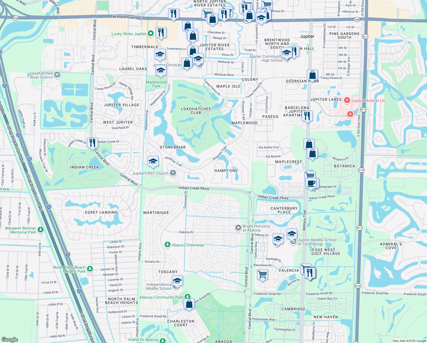 map of restaurants, bars, coffee shops, grocery stores, and more near 198 Hampton Circle in Jupiter