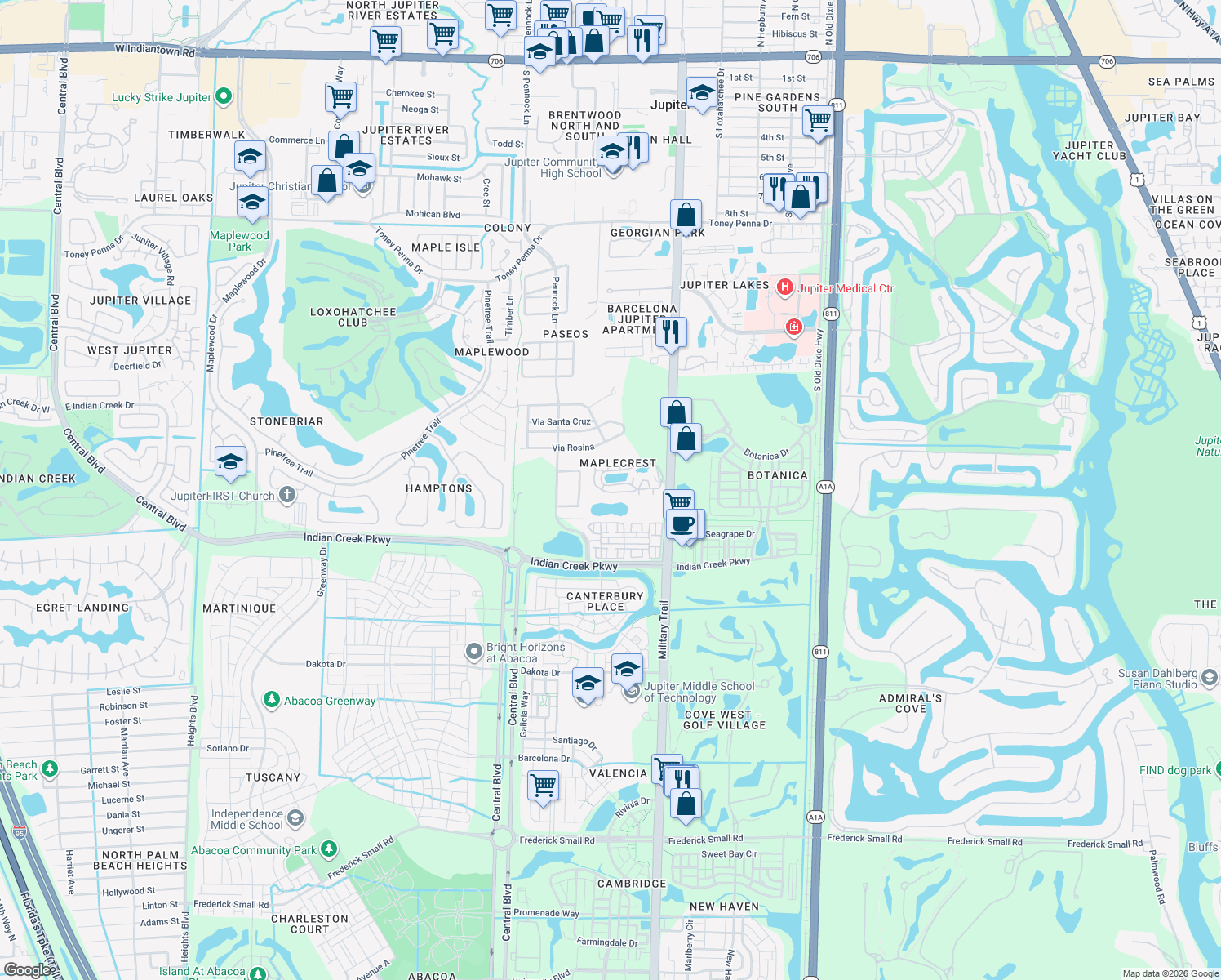 map of restaurants, bars, coffee shops, grocery stores, and more near 211 Maplecrest Circle in Jupiter