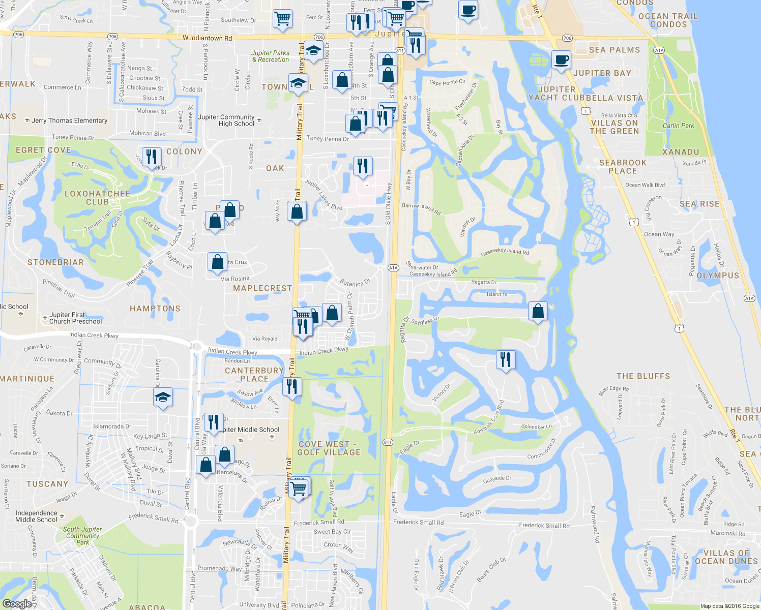 map of restaurants, bars, coffee shops, grocery stores, and more near 261 East Bay Cedar Circle in Jupiter