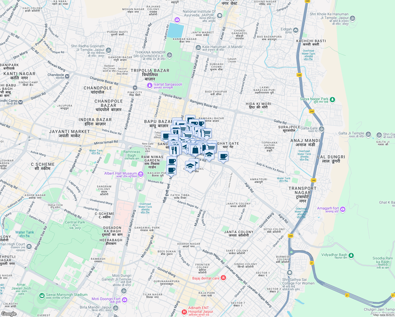 map of restaurants, bars, coffee shops, grocery stores, and more near M I Rd in Jaipur