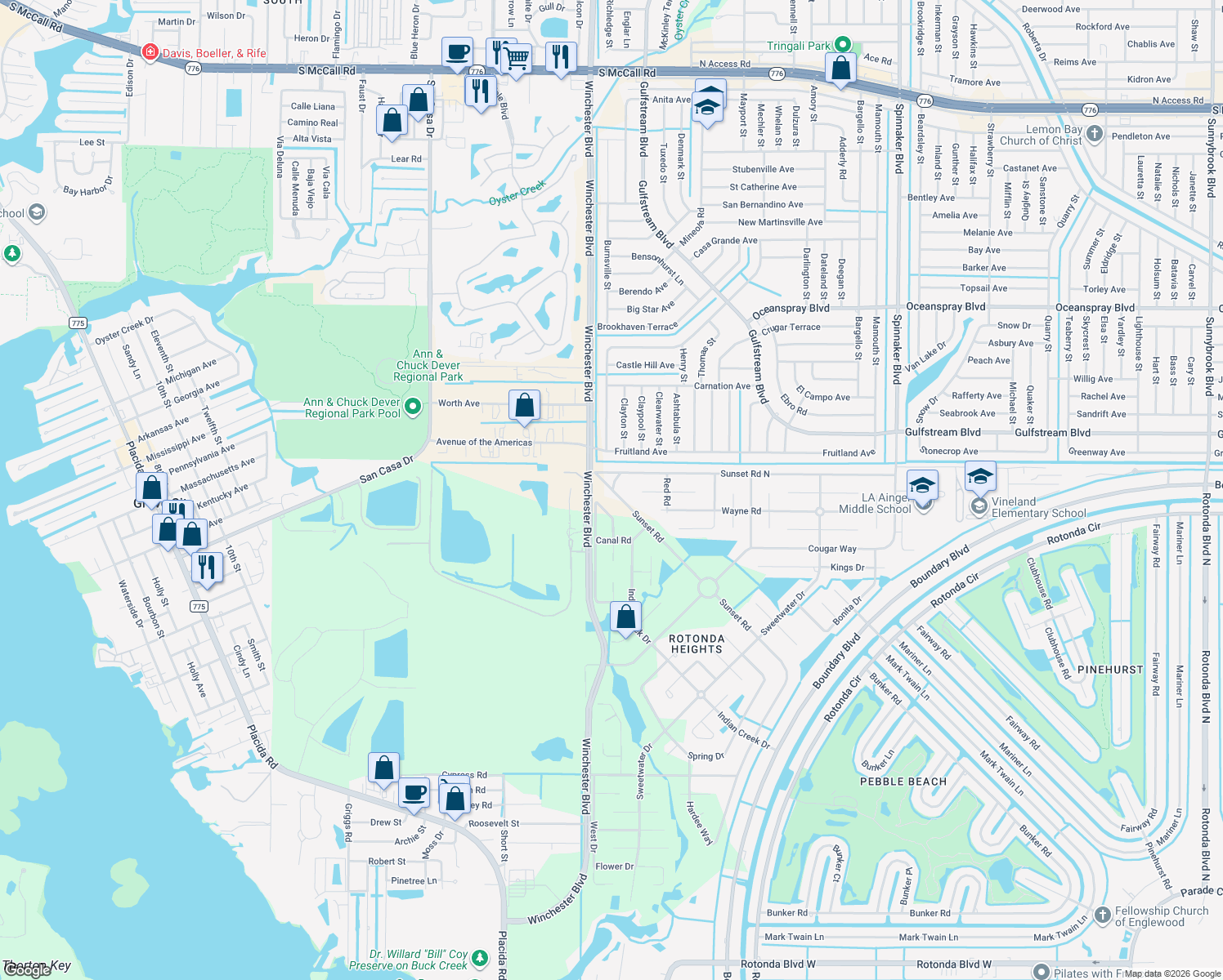 map of restaurants, bars, coffee shops, grocery stores, and more near 354 Sunset Road in Rotonda West