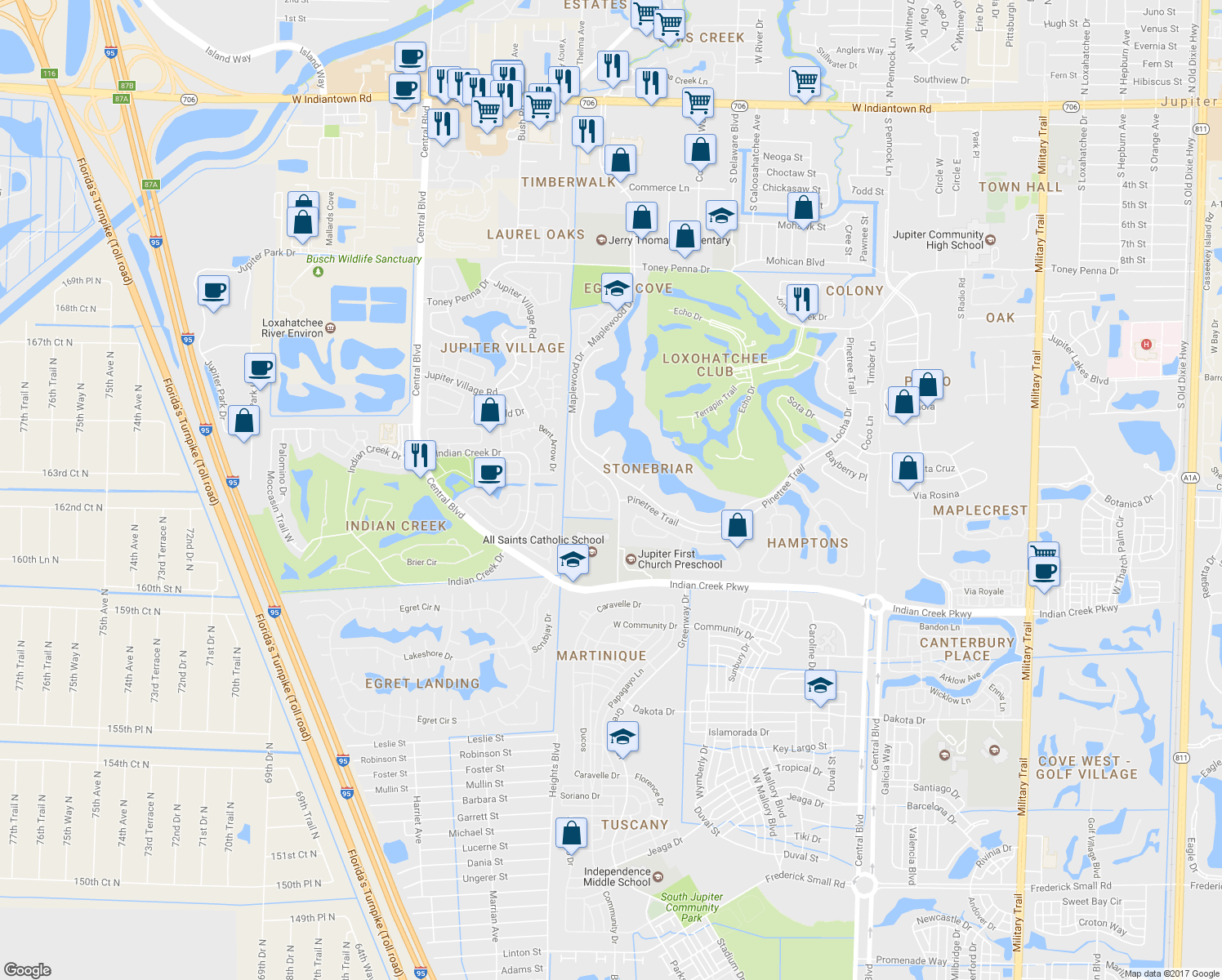 map of restaurants, bars, coffee shops, grocery stores, and more near 151 Michaels Court in Jupiter