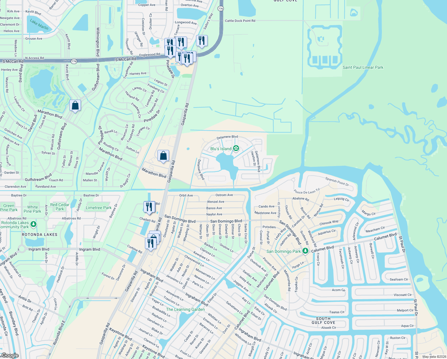 map of restaurants, bars, coffee shops, grocery stores, and more near 7587 Ratan Circle in Port Charlotte