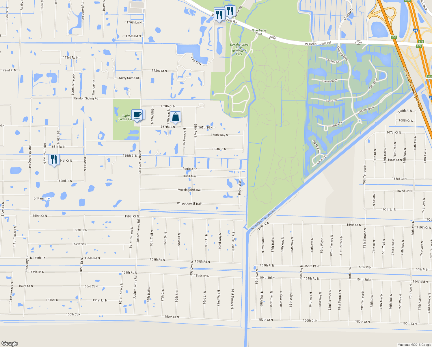 map of restaurants, bars, coffee shops, grocery stores, and more near 9293 Quail Trail in Jupiter