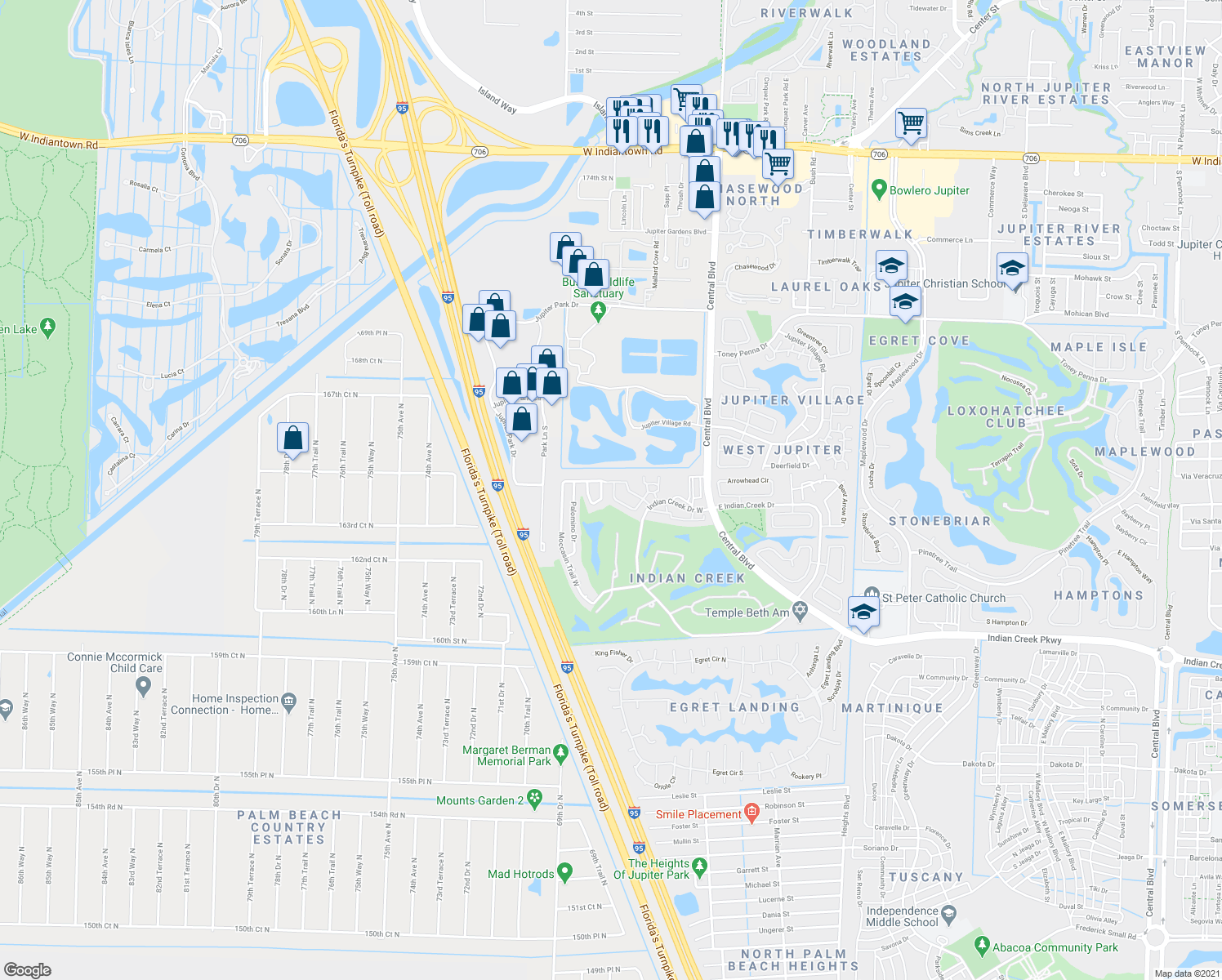 map of restaurants, bars, coffee shops, grocery stores, and more near 146 Moccasin Trail South in Jupiter