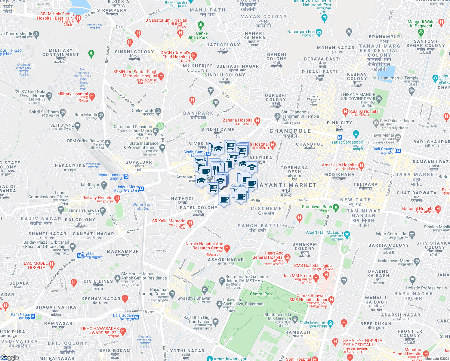 map of restaurants, bars, coffee shops, grocery stores, and more near B-2 Sansar Chandra Road in Jaipur