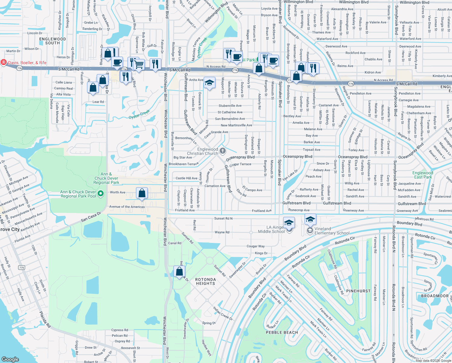 map of restaurants, bars, coffee shops, grocery stores, and more near 9285 Charms Avenue in Englewood