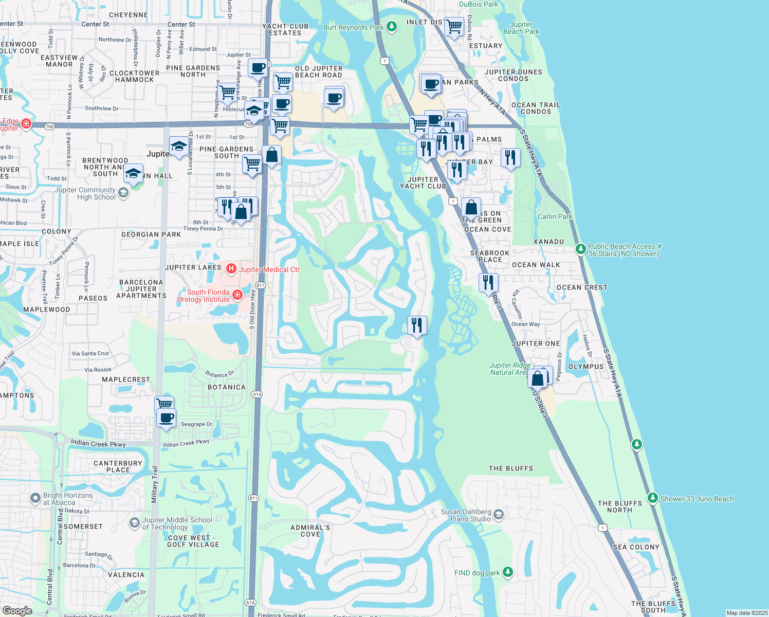 map of restaurants, bars, coffee shops, grocery stores, and more near 3386 Southern Cay Dr in Jupiter