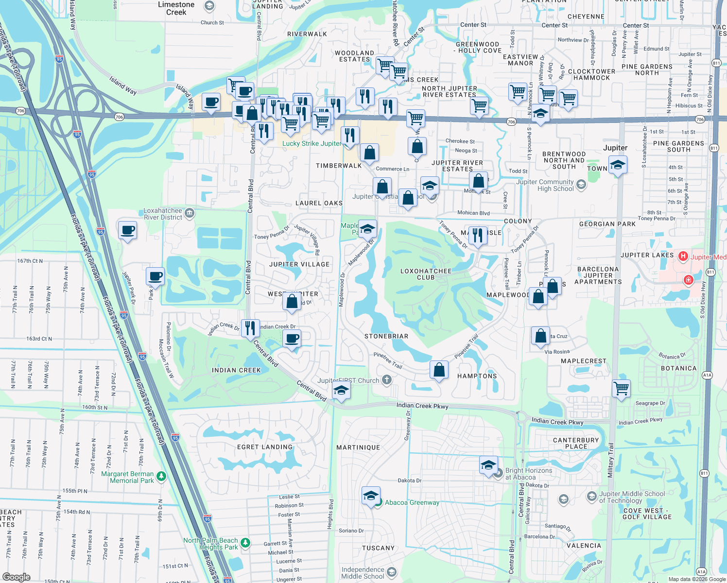 map of restaurants, bars, coffee shops, grocery stores, and more near 266 Locha Drive in Jupiter
