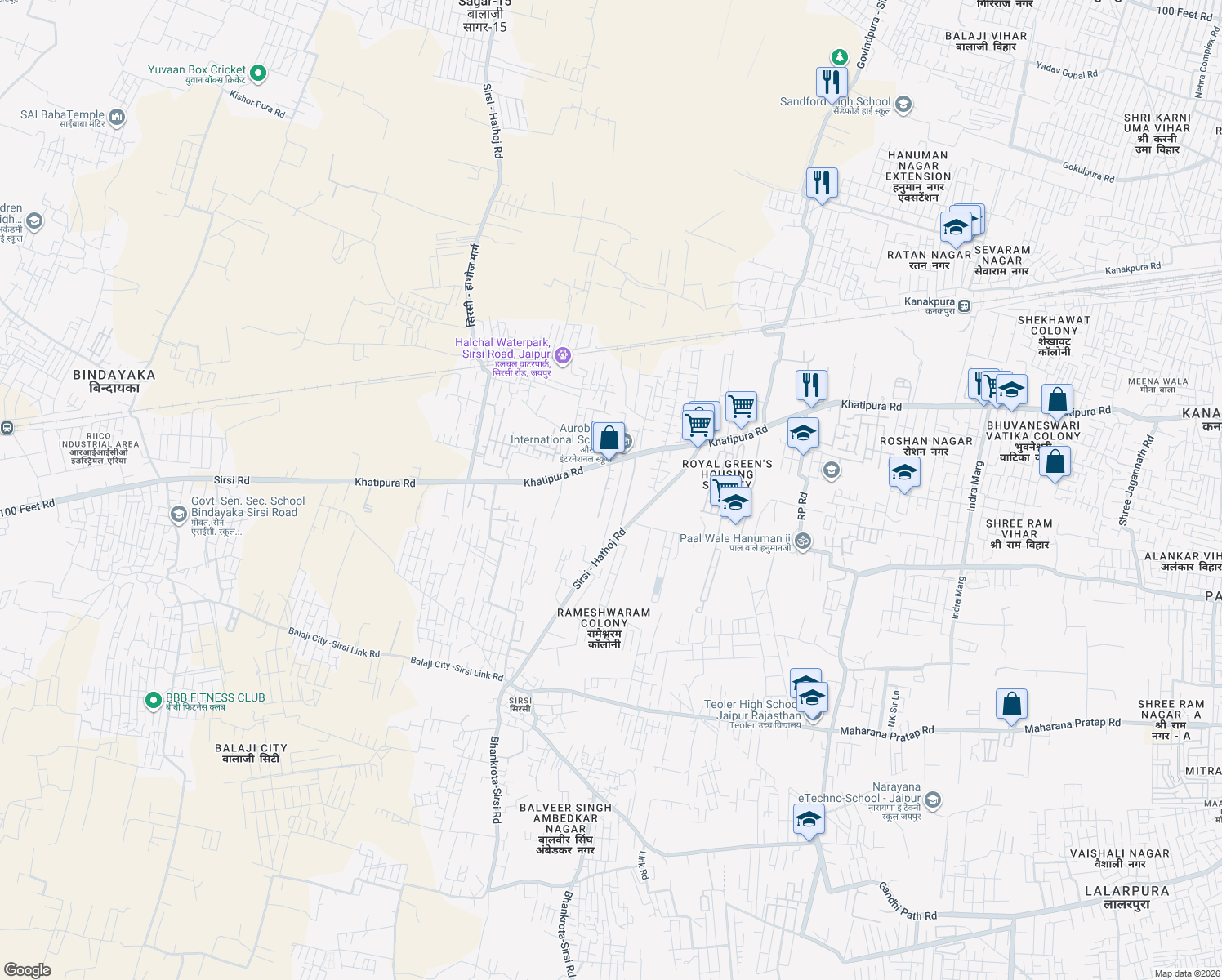 map of restaurants, bars, coffee shops, grocery stores, and more near Sirsi Road in Jaipur