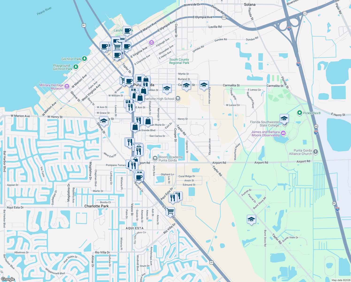 map of restaurants, bars, coffee shops, grocery stores, and more near 438 Palmera Drive in Punta Gorda