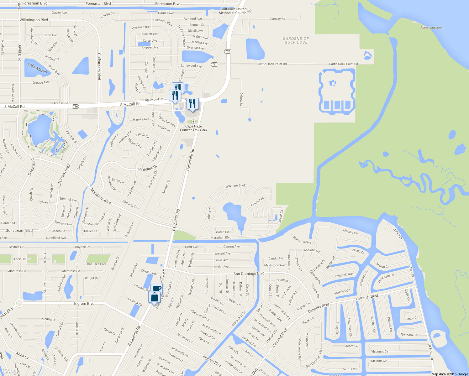 map of restaurants, bars, coffee shops, grocery stores, and more near 7312 Thor Court in Port Charlotte