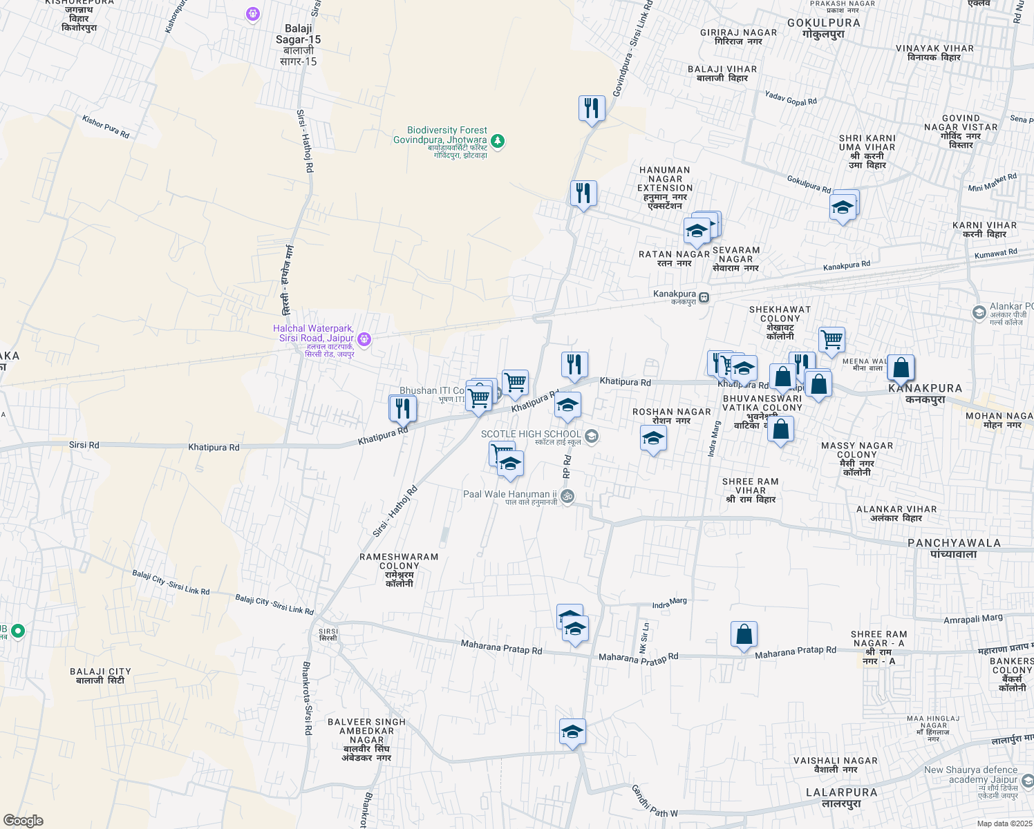 map of restaurants, bars, coffee shops, grocery stores, and more near Sirsi Road in Jaipur