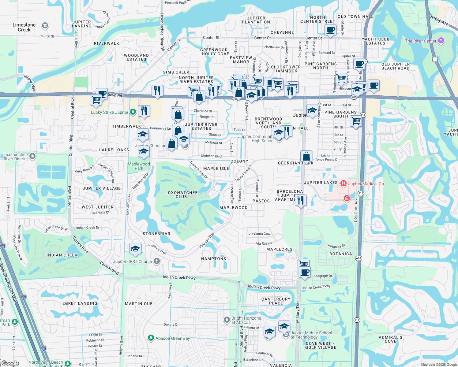 map of restaurants, bars, coffee shops, grocery stores, and more near 113 Caballo Lane in Jupiter