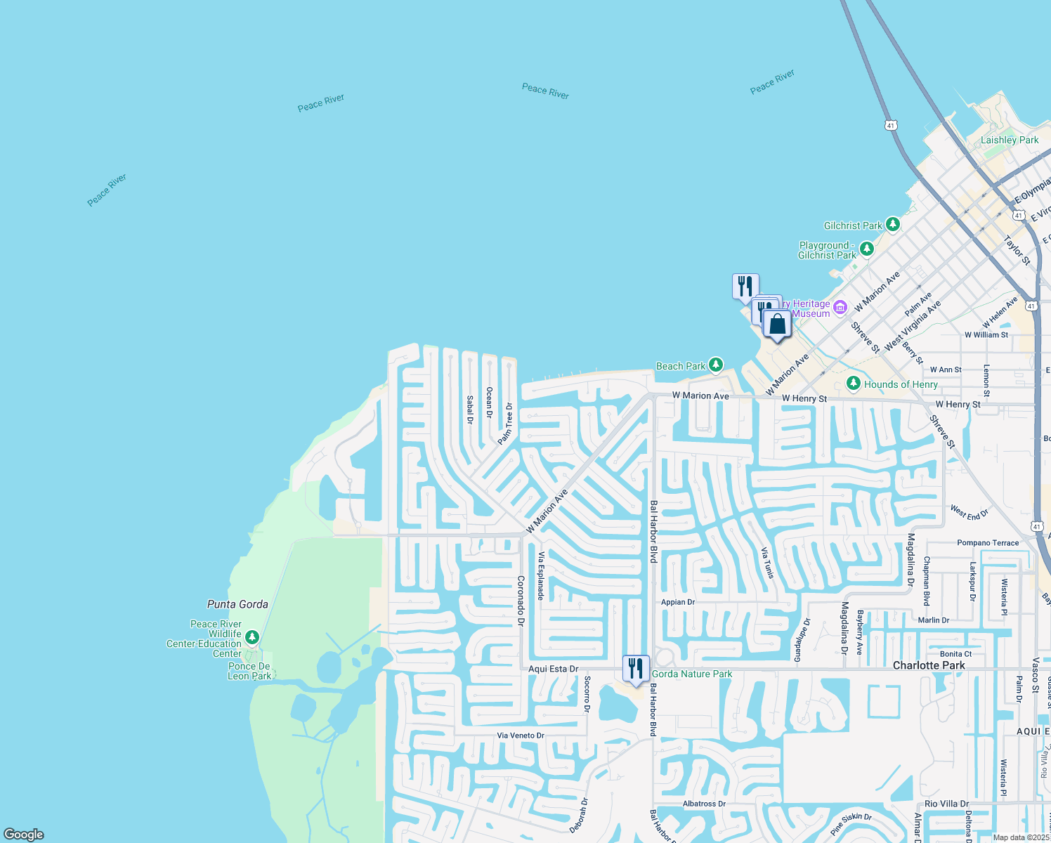 map of restaurants, bars, coffee shops, grocery stores, and more near 2289 Gulfview Road in Punta Gorda