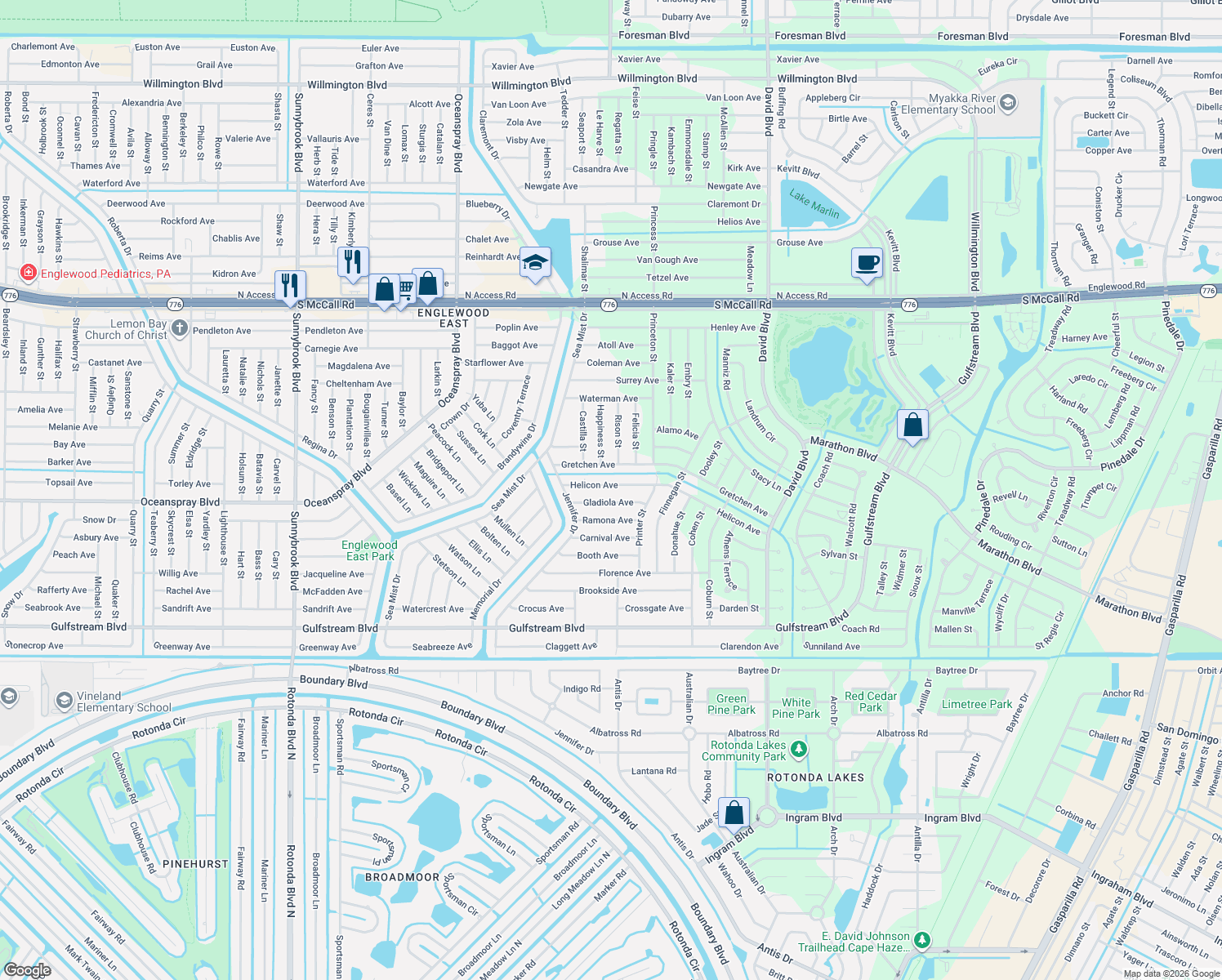 map of restaurants, bars, coffee shops, grocery stores, and more near 12005 Helicon Avenue in Port Charlotte