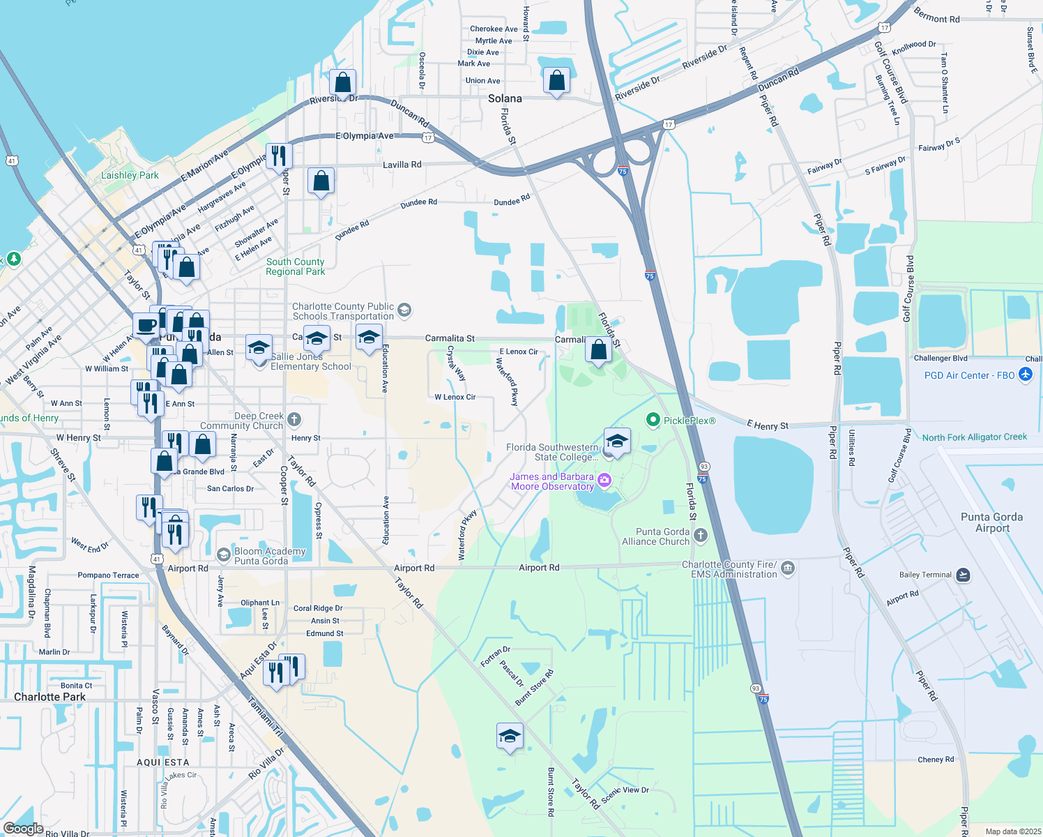 map of restaurants, bars, coffee shops, grocery stores, and more near 25416 East Lenox Circle in Punta Gorda