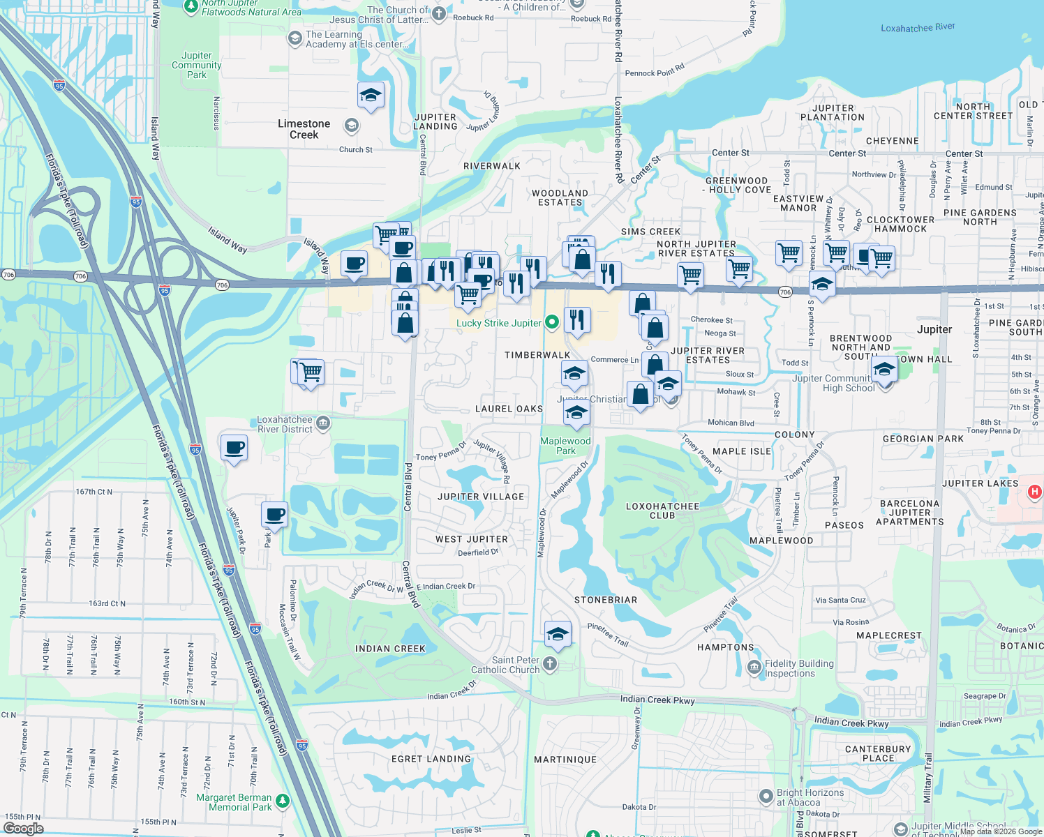 map of restaurants, bars, coffee shops, grocery stores, and more near 110 Timberwalk Trail in Jupiter