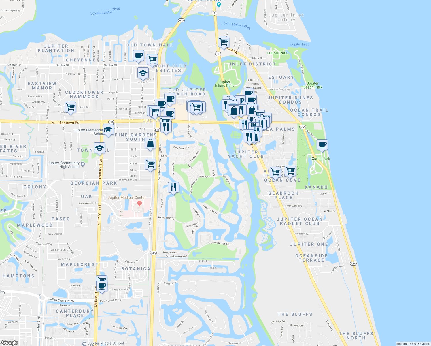 map of restaurants, bars, coffee shops, grocery stores, and more near 17036 Bay Street in Jupiter