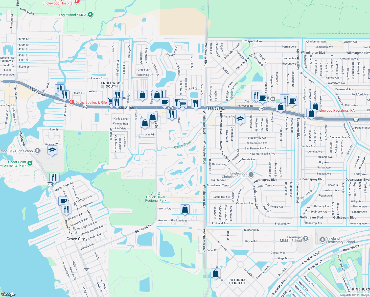 map of restaurants, bars, coffee shops, grocery stores, and more near 8401 Gateway Court in Englewood