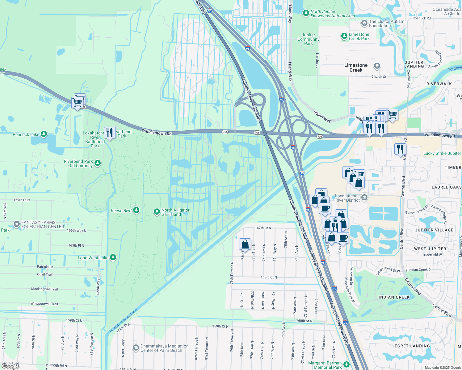 map of restaurants, bars, coffee shops, grocery stores, and more near 123 Sonata Drive in Jupiter