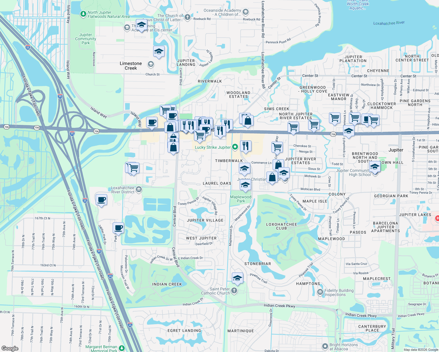 map of restaurants, bars, coffee shops, grocery stores, and more near 190 Timberwalk Trail in Jupiter