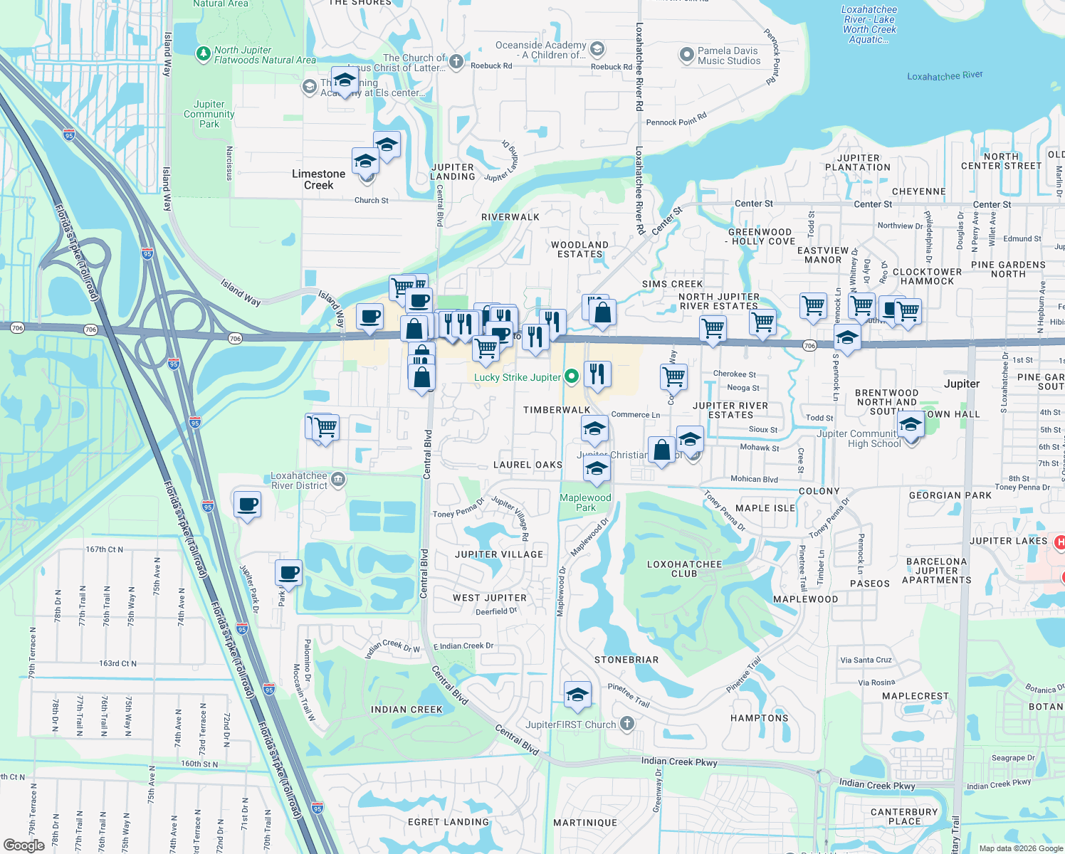 map of restaurants, bars, coffee shops, grocery stores, and more near 106 Wooden Mill Terrace in Jupiter