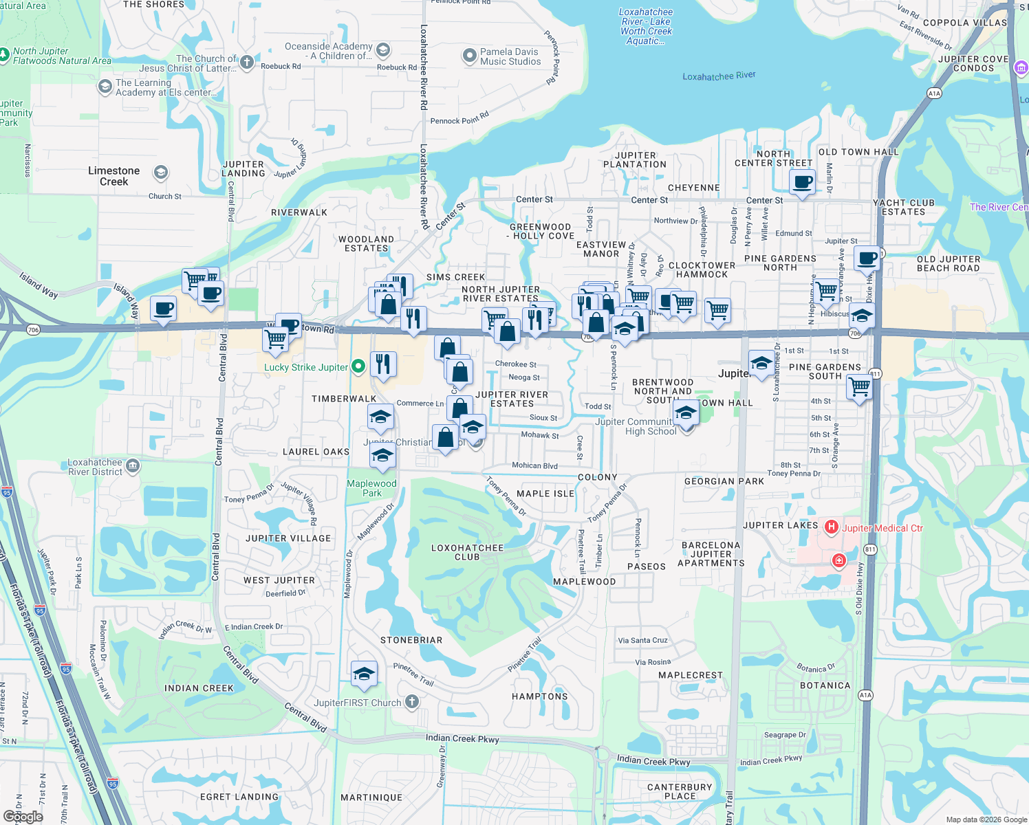 map of restaurants, bars, coffee shops, grocery stores, and more near 1207 Sioux Street in Jupiter