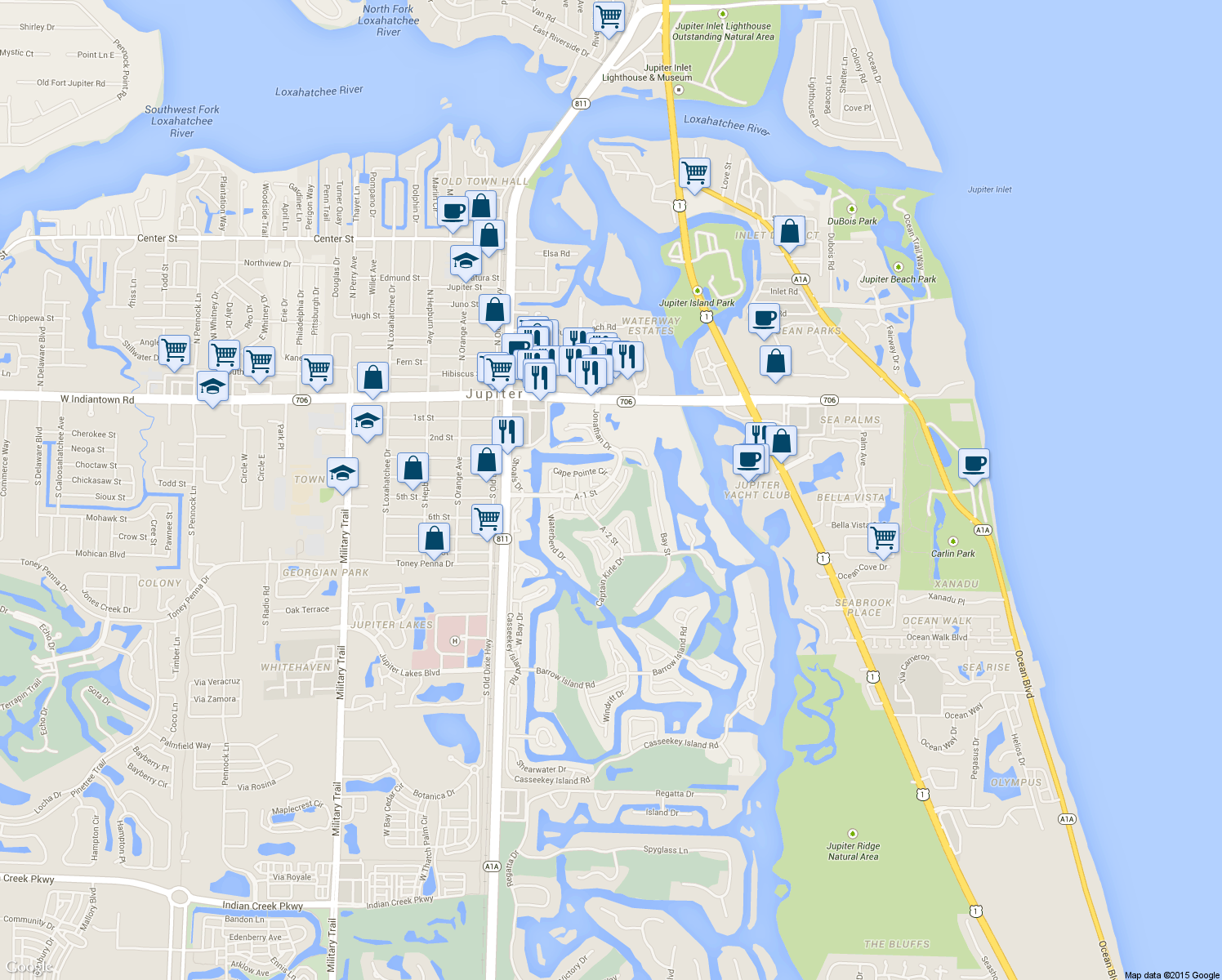 map of restaurants, bars, coffee shops, grocery stores, and more near 3644 Freshwater Drive in Jupiter