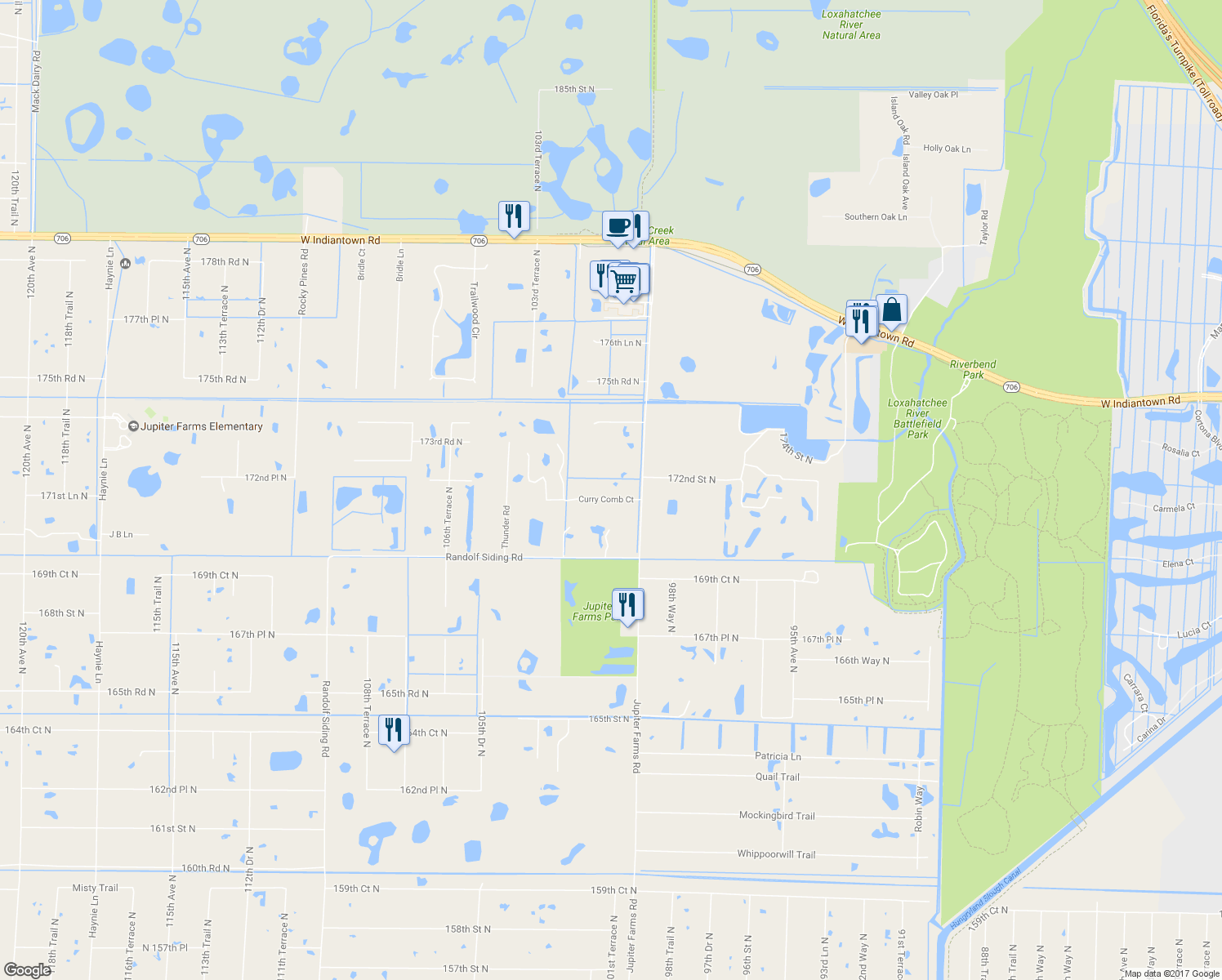 map of restaurants, bars, coffee shops, grocery stores, and more near 10101 Curry Comb Court in Jupiter