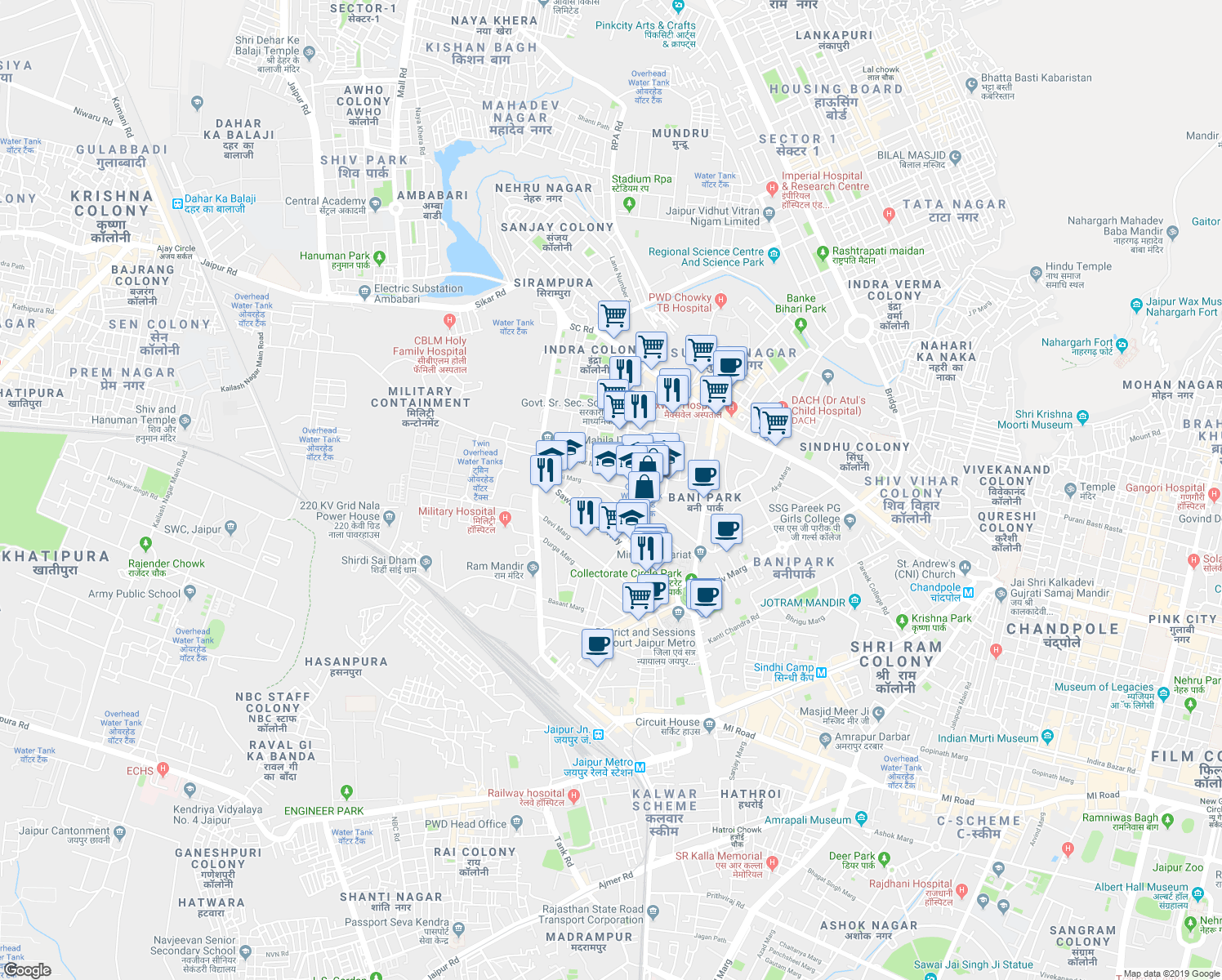 map of restaurants, bars, coffee shops, grocery stores, and more near 28 Tulsi Marg in Jaipur