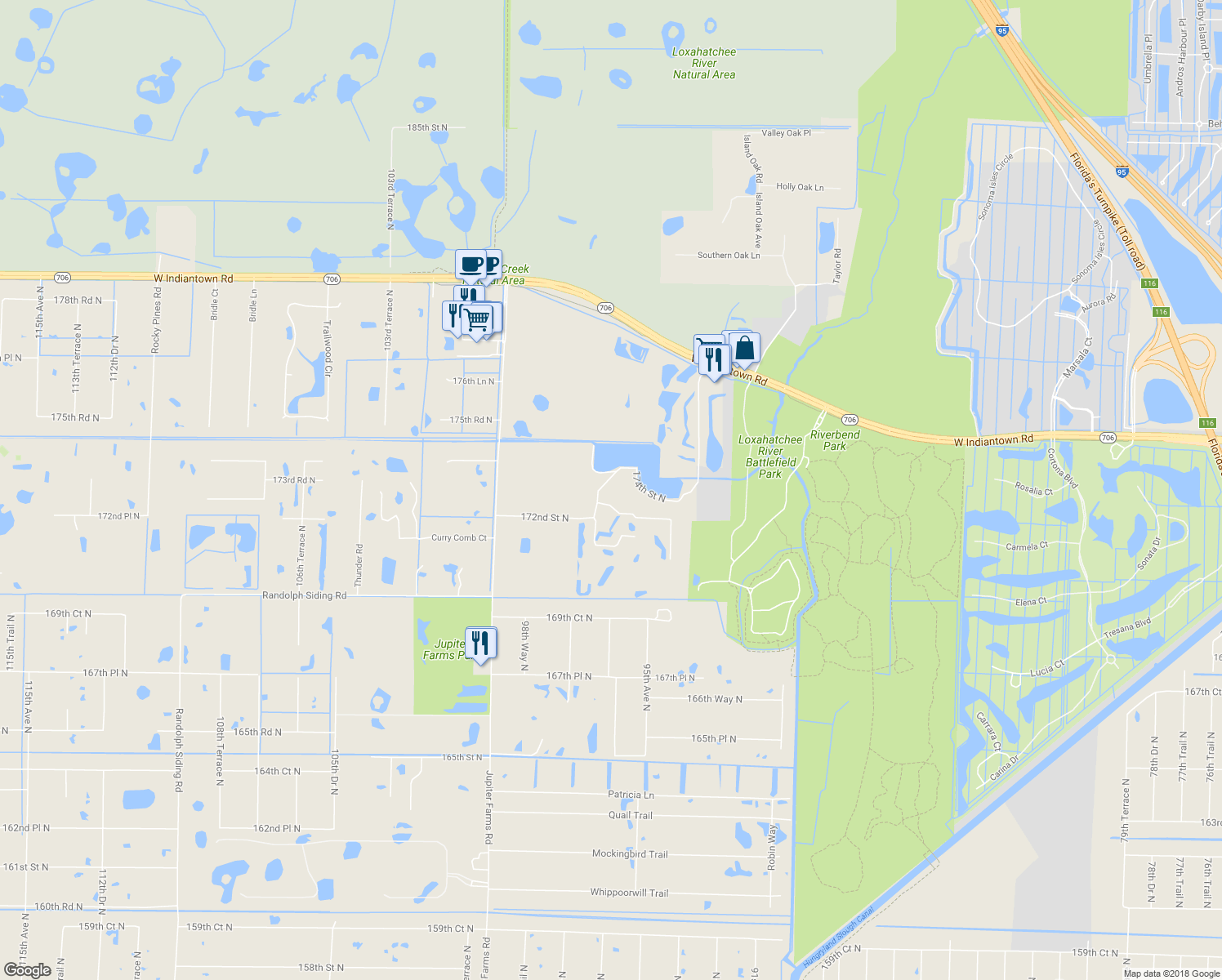 map of restaurants, bars, coffee shops, grocery stores, and more near 9645 172nd Street North in Jupiter