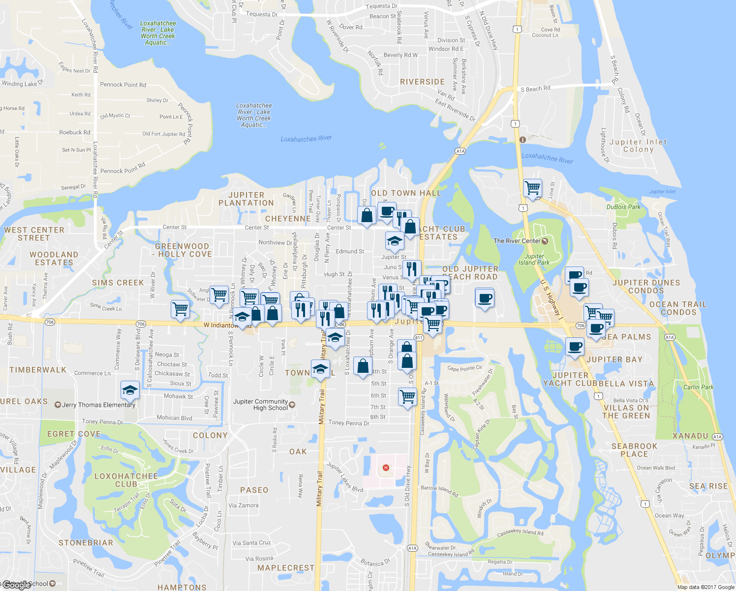 map of restaurants, bars, coffee shops, grocery stores, and more near 304 Kennedy Street in Jupiter