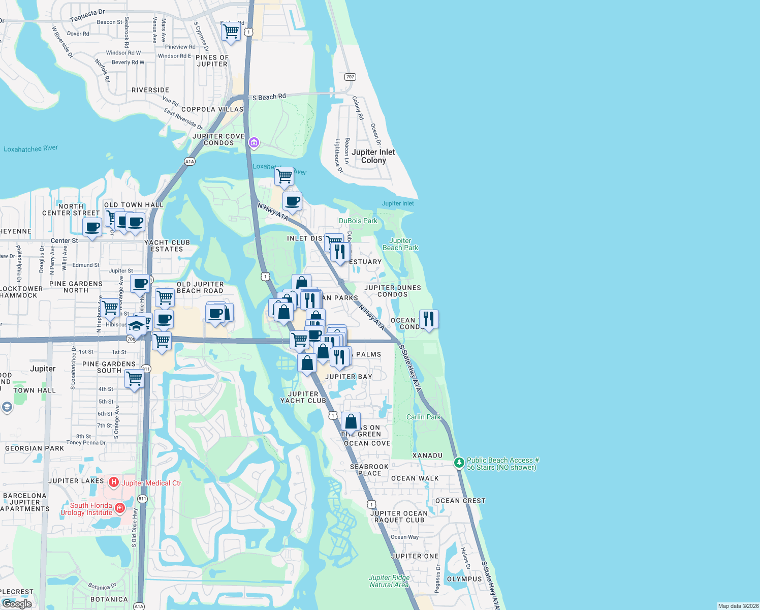 map of restaurants, bars, coffee shops, grocery stores, and more near 2102 Fairway Drive South in Jupiter