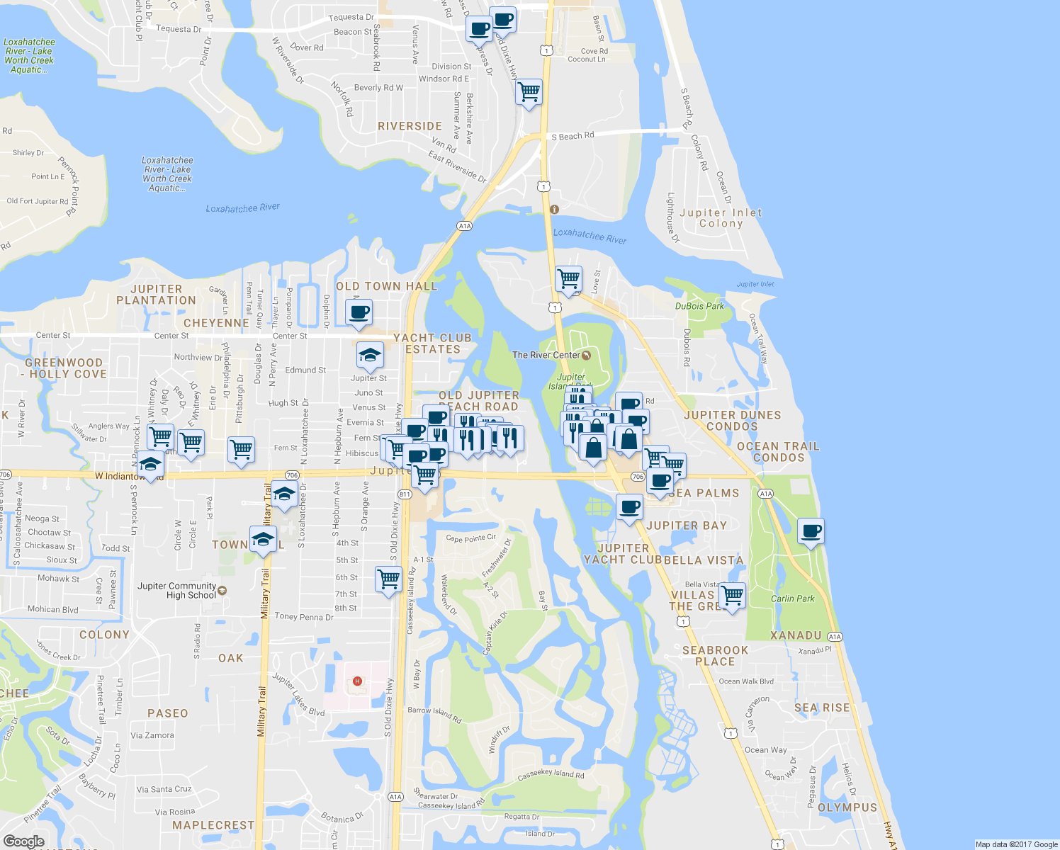 map of restaurants, bars, coffee shops, grocery stores, and more near 281 Fishermans Way in Jupiter