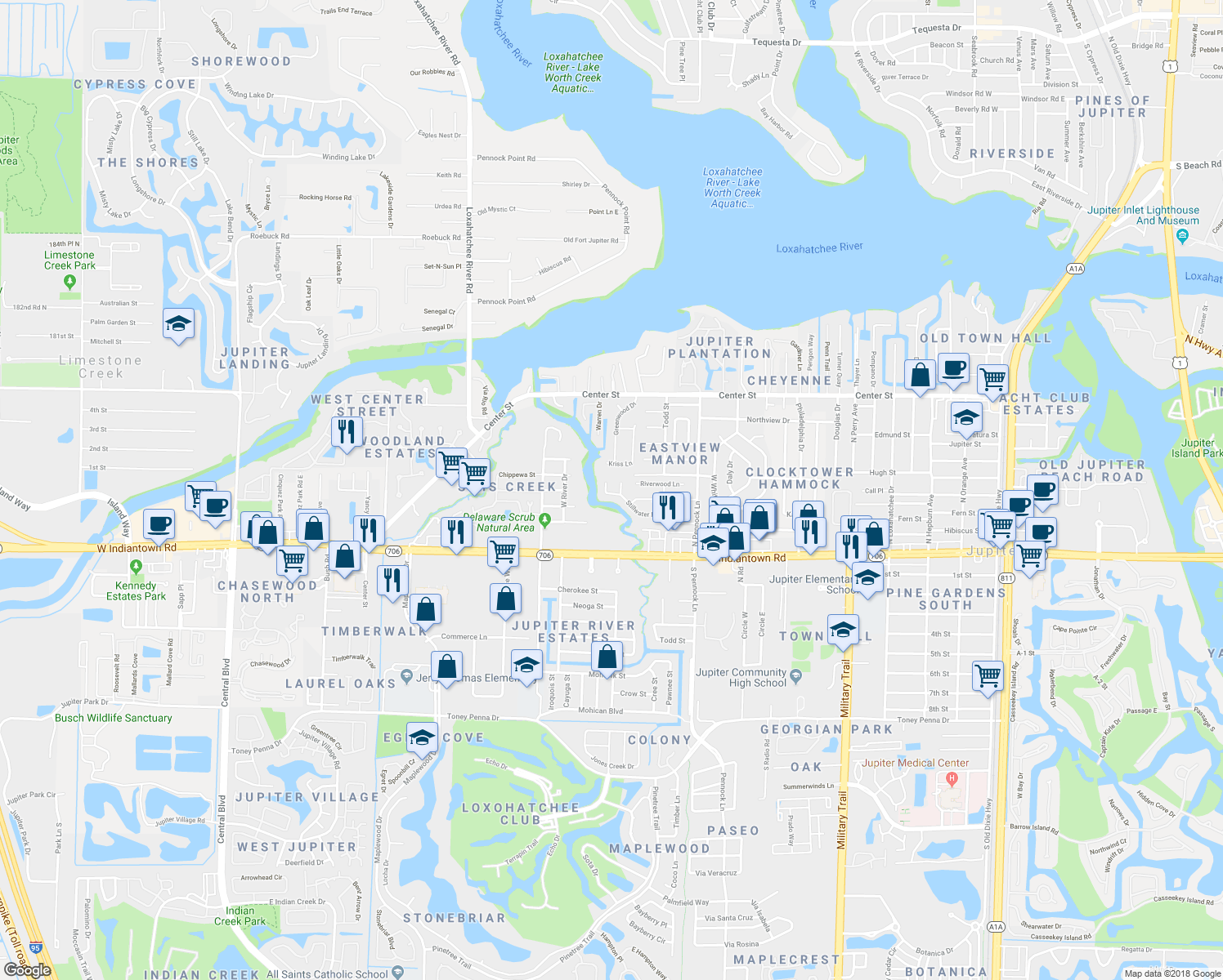 map of restaurants, bars, coffee shops, grocery stores, and more near 1115 Stillwater Drive in Jupiter