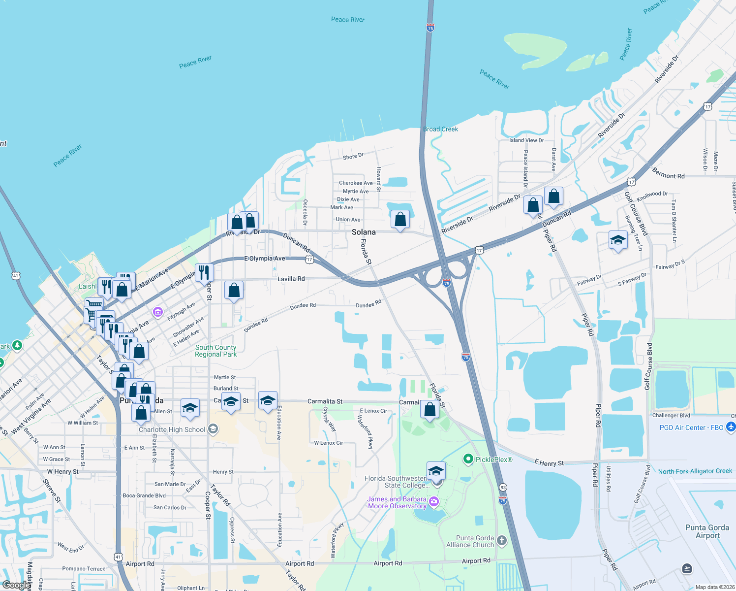 map of restaurants, bars, coffee shops, grocery stores, and more near 25524 Dundee Rd in Punta Gorda