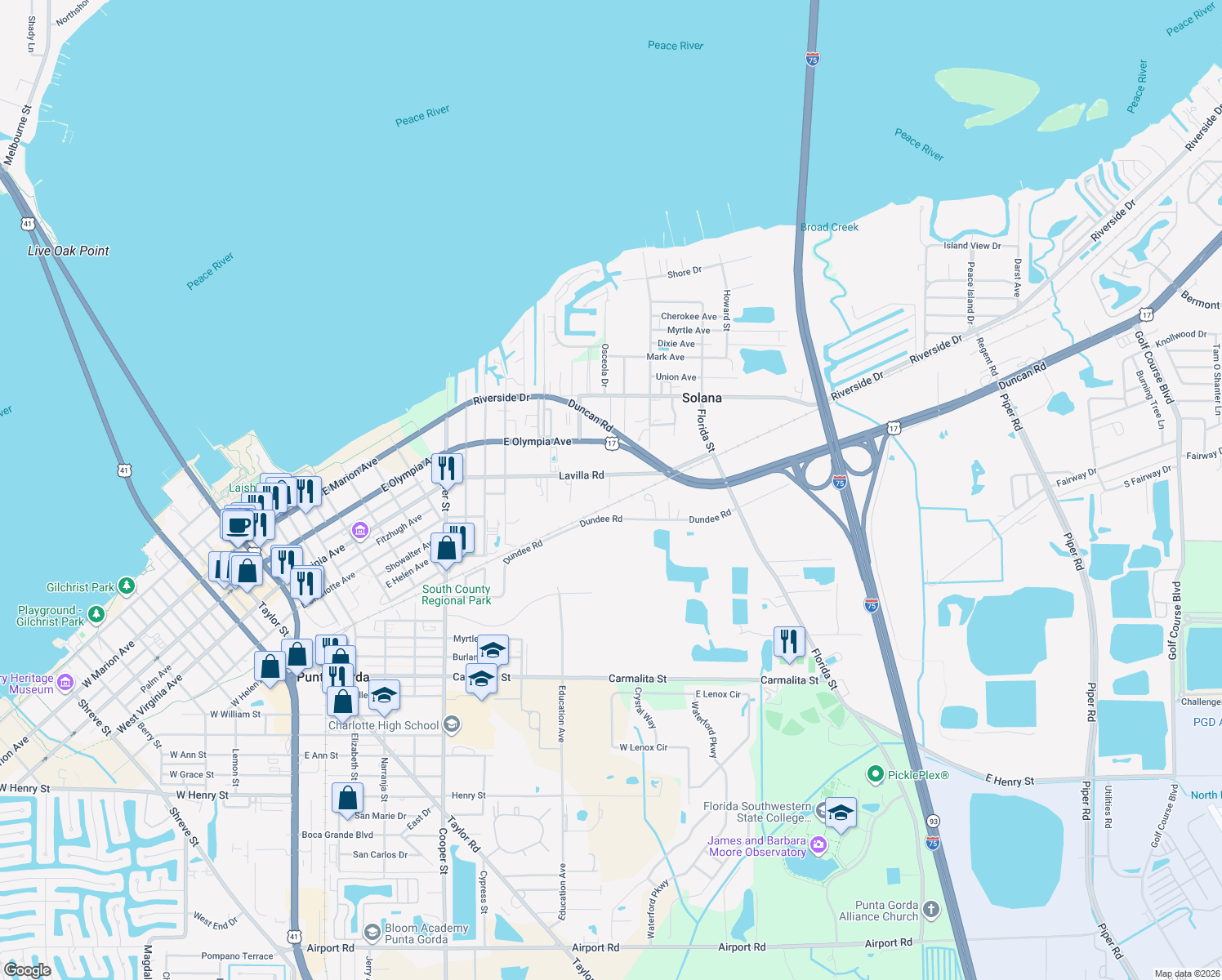 map of restaurants, bars, coffee shops, grocery stores, and more near 1815 Lavilla Road in Punta Gorda