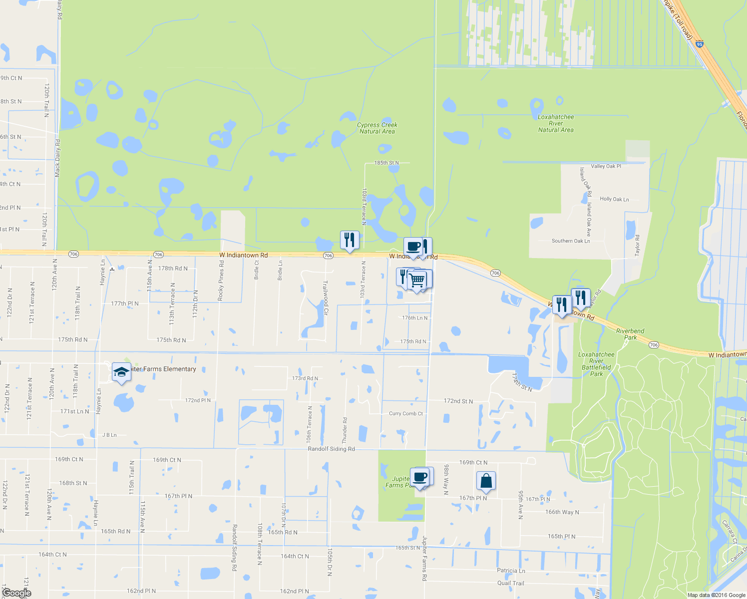 map of restaurants, bars, coffee shops, grocery stores, and more near 17778 103rd Terrace North in Jupiter
