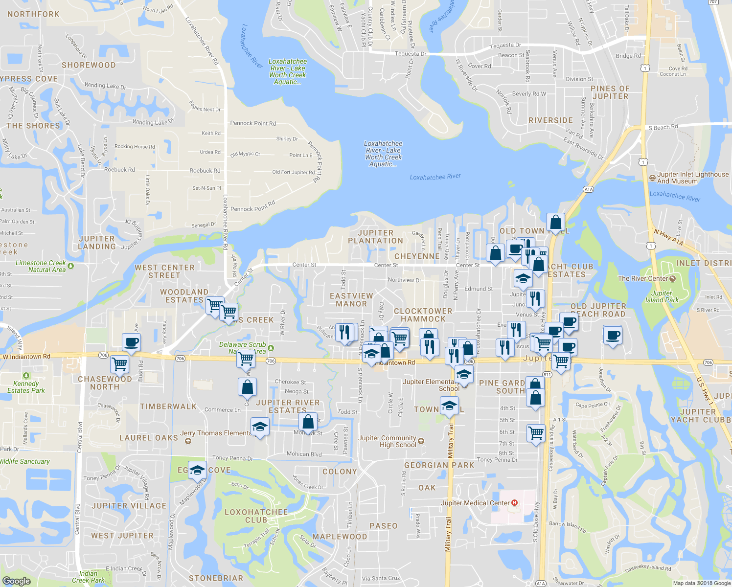 map of restaurants, bars, coffee shops, grocery stores, and more near 601 North Pennock Lane in Jupiter