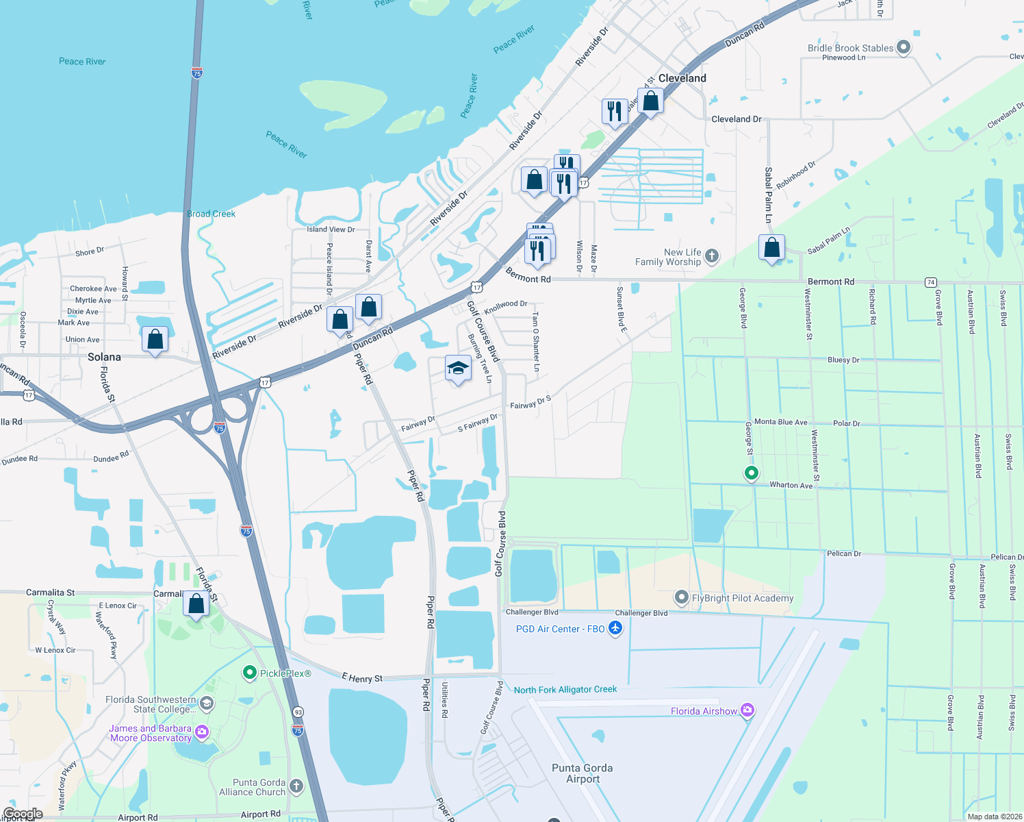 map of restaurants, bars, coffee shops, grocery stores, and more near 4601 Fairway Drive South in Punta Gorda