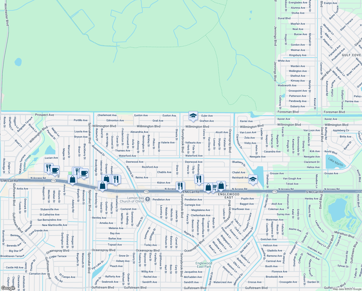 map of restaurants, bars, coffee shops, grocery stores, and more near 6201 Sunnybrook Boulevard in Englewood