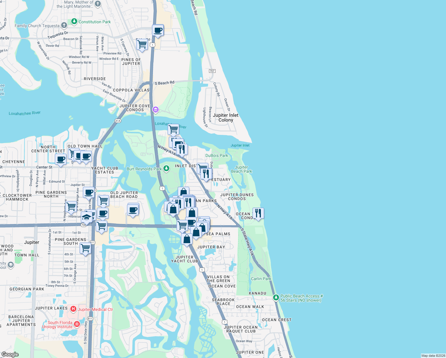 map of restaurants, bars, coffee shops, grocery stores, and more near 2980-4186 Fairway Drive North in Jupiter